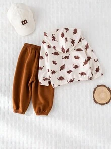 Cozy Pixies 2pcs Baby Boy Cartoon Dinosaur Pattern Contrast Color Hooded Sweatshirt And Elastic Waist Pants Set Fall Winter - Multicolor - View 3