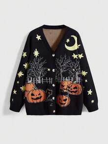 ROMWE Goth Cardigan tricotat pentru femei, cu imprimeu gotic de dovleac, cu copac ofilit, lună și pisică misterioasă, pentru Halloween - Negru - Vizualizare 1