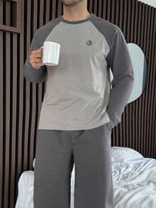 DAZY Men's Letter & Graphic Print Patchwork Contrast Color Soft Fabric Pajama Set, Autumn/Winter - Grey - View 3