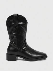 Daringsoles 新款复古方头中跟短靴，百搭弹性后拉链踝靴，女士款，秋/春季 - 黑色 - 查看 4