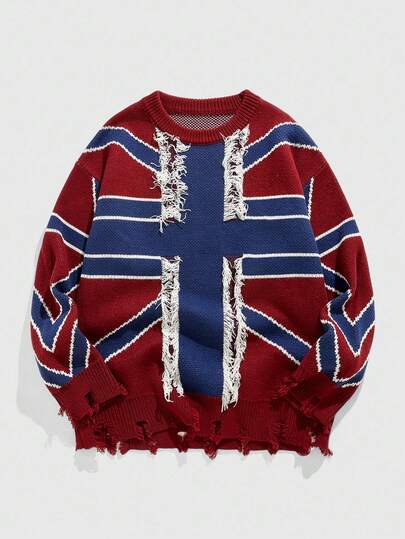 Street Life Suéter de punto con intarsia de bandera vintage de moda, ajuste holgado informal para hombres, para invierno y otoño