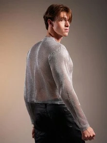 FeverCity Men's Loose Fit Crew Neck Long Sleeve Sweater, Fashionable For Autumn, Fall, Winter - Silver - View 2