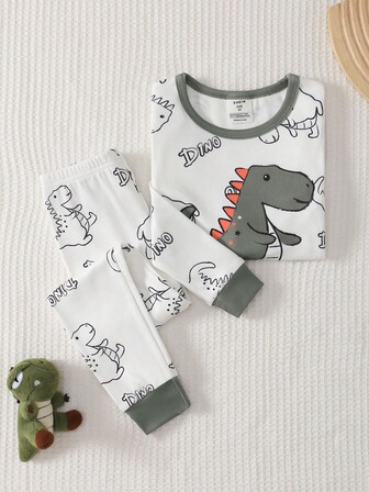 Snug Fit Dinosaur Cartoon Pajamas Set For Young Boy Long Sleeve Top And Pants, Soft & Comfortable Fabric, Suitable For Children Loungewear Fall Winter