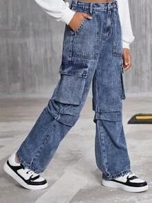 Tween 女童休闲百搭迷彩工装牛仔阔腿裤，适合日常穿着 - 藍色 - 查看 4