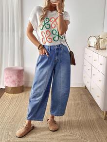 EMERY ROSE 女式度假休闲破洞喇叭牛仔裤 - 藍色 - 查看 8