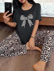 Bare Chapter Bộ đồ ngủ thường ngày họa tiết da báo trang trí nơ thời trang dành cho nữ - màu đen - Xem 1