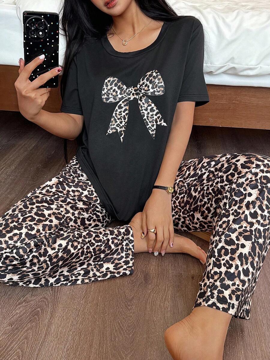 Bare Chapter Bộ đồ ngủ thường ngày họa tiết da báo trang trí nơ thời trang dành cho nữ - màu đen - Xem 1