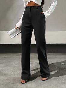 EURMUSE 优雅的超高腰双层面料西装裤，时尚直筒剪裁，宽腿廓形，隐藏式侧袋 - 别致精致的定制裤子，打造精致专业的外观 - 无缝设计，隐藏式前开合，打造时尚外观 - 永恒的黑色正装，适合办公室、商务和权力着装 - 黑色 - 查看 4
