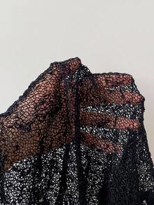 SHEIN EZwear 大码女式绿色荷叶边下摆半透明休闲钩针斗篷，适合夏季外出和约会 - 黑色 - 查看 7