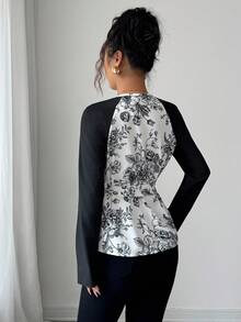 Elenzga Women's Elegant Floral Print Patchwork Black Raglan Sleeve Deep V-Neck Belted Fitted Blouse, Spring/Autumn Fall Cloth For Women - Black and White - View 2