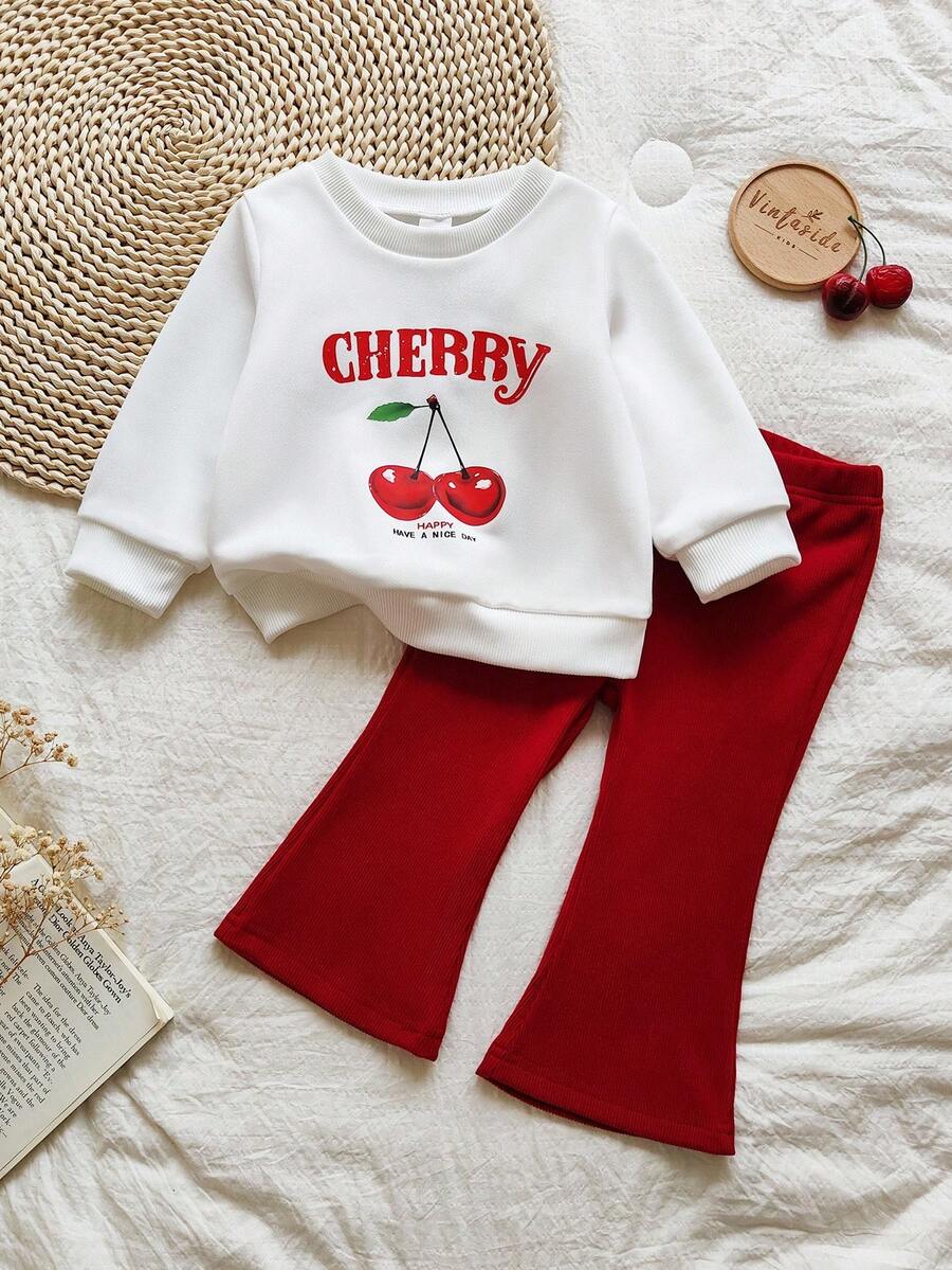 SHEIN Vintaside Kids 杏色字母印花长袖上衣搭配棕色喇叭裤两件套,可爱舒适的女宝宝卫衣套装,适合春秋冬季穿着。 - 紅色 - 查看 1