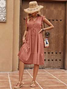 SHEIN Clasi Women's Flounce Sleeve Drawstring Waist Dress - Rust Brown - View 4