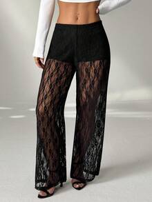 SHEIN PETITE Women's Elastic Waist Floral Lace Straight Loose Fashion Pants - Black - View 9