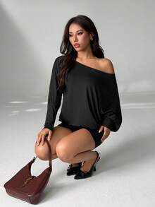 SHEIN PETITE Váy mini ôm sát tay dài hở vai gợi cảm, phong cách đường phố cho lễ hội âm nhạc, váy mùa hè cho nữ - màu đen - Xem 7