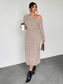 Firerie Große Größen Herbst/Winter Neue Mode Rundhals Sexy schräge Schulter Off-Shoulder Zopfstrick Pulloverkleid