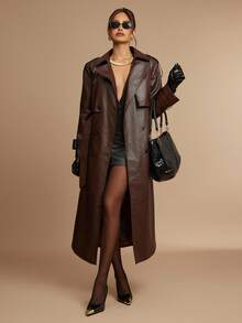 Silquee Women's Coffee Brown Casual Long Sleeve Button Collar Long Trench Coat High Quality Lined Trench Coat Autumn And Winter Women's Halloween Custom Women's Cat Women's Casual Lapel Button PU Coat, Autumn And Winter Imitation Fur Coat, Autumn And Winter Women's Solid Color Winter Fashion PU Coat Jacket Women Christmas, Thanksgiving Suitable For Going Out For Commuting Or Party And Other Occasions,Fall,Brown Jacket - Coffee Brown - View 1