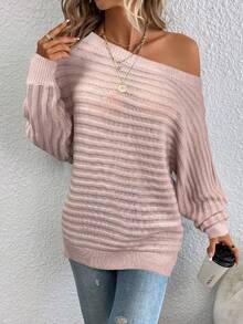 SHEIN LUNE Suéter holgado de manga de murciélago y hombros descubiertos de unicolor para mujer de talla grande, otoño - Rosa Pálido - Ver 6