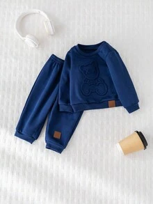 Cozy Pixies 2 pezzi Set di maglia a girocollo a maniche lunghe con motivo a rilievo di orsetto cartoni animati e pantaloni con vita elastica e polsini alla caviglia per bambini/bambine, con fodera in pile caldo, adatto per autunno/inverno, comodo, versatile, casual, carino, design semplice, adatto per interno, esterno, uso quotidiano, sport, gioco, festa, Ognissanti, Natale, Capodanno, ritorno a scuola