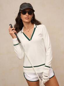 Activina 经典简约绿色条纹装饰长袖 Polo 衫 - 白色 - 查看 7