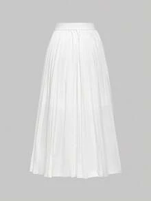 SHEIN MOD Set elegant pentru femei, vestă cu nasturi și strasuri, culoare solidă, și fustă mini plisată, toamnă/iarnă - alb - Vizualizare 7