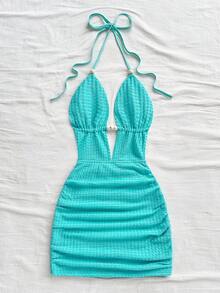 Soleia 女式纯色细肩带深V领褶饰性感迷你连衣裙 - 水鴨藍 - 查看 6