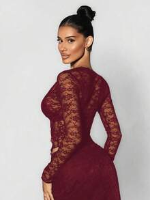 Sirith Women's Sexy Sheer Lace Ruffle Tie-Up Cardigan - Burgundy - View 2