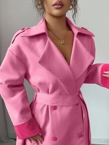 Elenzga Nuevo abrigo de mujer con cuello vuelto, manga larga, de tela de lana de doble cara, con abertura frontal, doble botonadura, cinturón, diseño reversible, midi, casual, cómodo, versátil para uso diario, con cintura ceñida, estilizador, juvenil y elegante para damas, para otoño/invierno