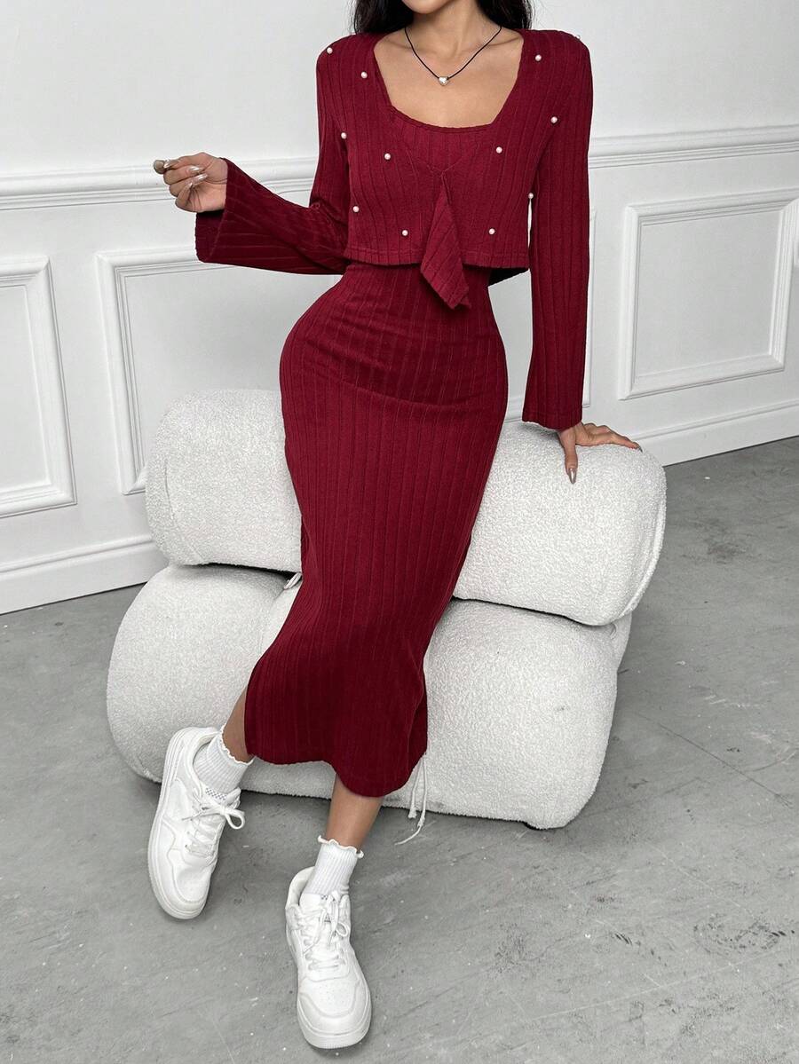 2pcs Set Elegant Beaded Decor V-Neck Long Sleeve Top & Fitted Knit Maxi Skirt, Stylish Outfit For Teens & Young Women, Spring/Autumn Fall Winter - Burgundy - View 1