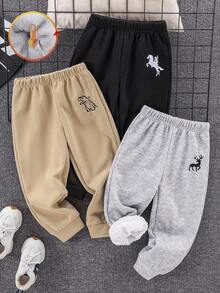 SHEIN 3件裝小男孩買2送1休閒日常舒適刺繡刷毛加厚寬鬆長褲運動褲兒童冬裝秋裝，黑色、卡其色，運動套裝，適合學校、花園、海灘、生日，秋季、冬季 - 彩色 - 查看 2