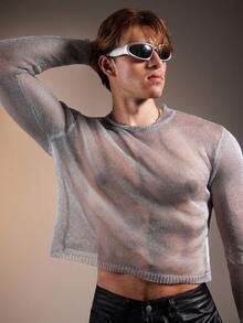 FeverCity Men's Loose Fit Crew Neck Long Sleeve Sweater, Fashionable For Autumn, Fall, Winter - Silver - View 1