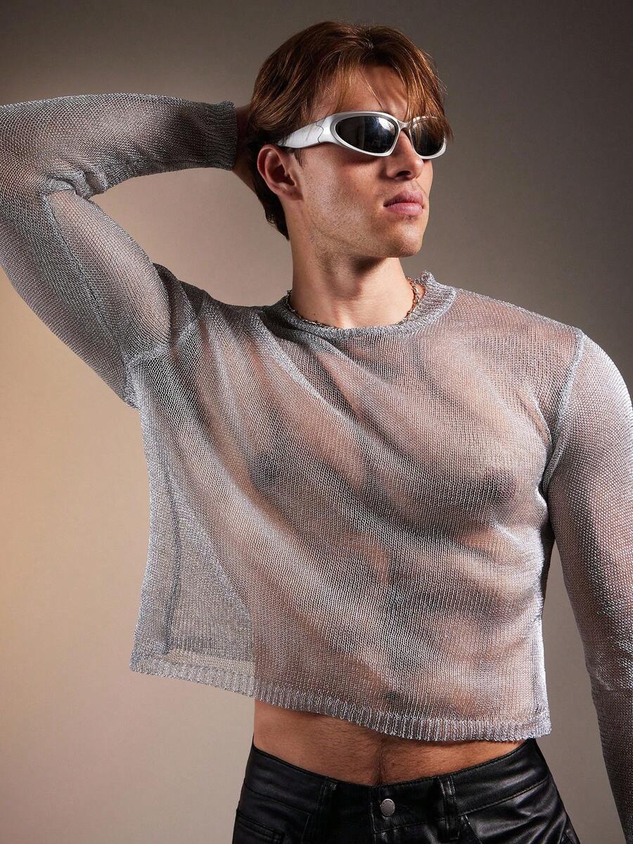 FeverCity Men's Loose Fit Crew Neck Long Sleeve Sweater, Fashionable For Autumn, Fall, Winter - Silver - View 1