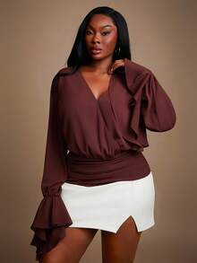 Radiana Blusa de manga farol de corte holgado y escote en V profundo para mujer de talla grande, adecuada para banquetes, fiestas, cenas, bailes, eventos urbanos, oficina sexy, cruceros, estilo vintage, festivales, conciertos, carnavales, salidas, con capas ricas, vacaciones, citas, reuniones, cumpleaños, despedidas de soltera, cócteles, eventos formales, modesta, elegante, discotecas, linda, casual, salir, coqueta, que resalta tu figura, silueta favorecedora - Marrón - Ver 3