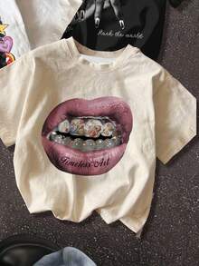 SHEIN Bolty 3pcs/Set Teen Girl Casual Minimalist Short Sleeve Round Neck T-Shirts, White, Light Peach, Black, With Personalized Street Hip-Hop Girl Portrait, LA Hand Gesture, Lip Pattern, Suitable For Street Photography, Casual Daily Wear, Fashion Styling - Multicolor - View 3