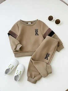 SHEIN 2 件套男婴/女婴可爱拼色长袖运动衫和松紧腰慢跑裤运动服套装，男女通用婴儿服装，婴儿冬装 - 彩色 - 查看 7