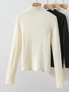 Franclia 女士时尚简约新款秋冬杏色长袖立领保暖加厚罗纹弹力修身针织打底衫，可外穿，简约百搭时尚休闲保暖针织衫