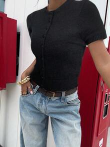 SHEIN EZwear Áo khoác cardigan cài nút cổ tròn màu đen thường ngày cho nữ, mùa thu - màu đen - Xem 1