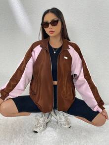 SHEIN EZwear 秋季拼色插肩袖抽绳下摆拉链风衣夹克 - 彩色 - 查看 6
