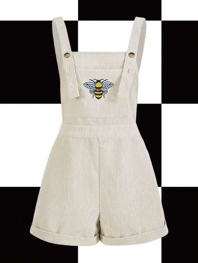 Y2Kool Emma Jane Creative Artist Girlcore Bee Embroidery Overall Romper, For Summer, Holiday, Vacation, Beach, Festival, Ibiza Fits Going Out Autumn Casual Stylish Clothing Collection New Year Outfits