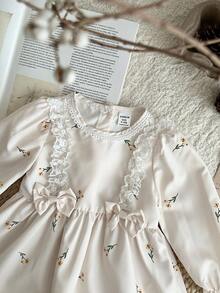 SHEIN 1 pieza Vestido de princesa de manga larga con bordado floral y lazo, falda de tul esponjosa, estilo dulce adecuado para fiesta de cumpleaños, otoño/invierno