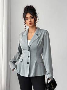 Elenzga 大码女装优雅通勤热销面料灰色提花设计公主线缝腰部开叉A字形仿口袋长袖简约百搭多场合舒适面料独特风格高性价比 - 灰色 - 查看 3