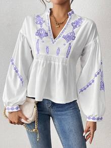 SHEIN LUNE 女式褶皱图案印花长袖纽扣衬衫荷叶边上衣 - 紫色 - 查看 4