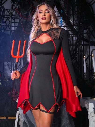 Women's Halloween Spider Web Mesh Sheer Bust Cutout Contrast Piping Batwing Sleeve Costume Cosplay Costume Women Gothic Women Clothes Role Playing Lingerie Costume Red And Black Lingerie Set