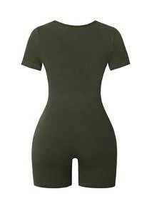 Gameset SHEIN Sport 无缝罗纹高弹力瑜伽运动连体裤 - 軍綠色 - 查看 2