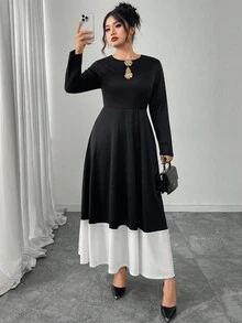 Modelyn Váy dài tay chữ A họa tiết hoa hồng vá đen trắng thanh lịch, cỡ lớn, phù hợp cho mùa xuân và mùa thu - Đen và trắng - Xem 6