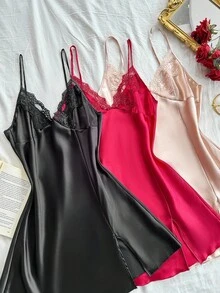 SHEIN 3pcs/Set Women Embroidered Lace Sexy Nightgown Combination Set Satin Sleep Dress Lace Sleep Dress Satin Lingerie Sleepwear