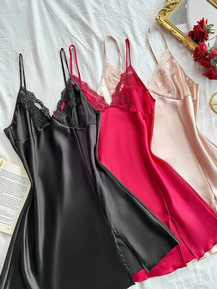 SilkySpell 3 peças/Conjunto Camisola Sexy Bordada com Renda Feminina - Multicolorido - Visão 6