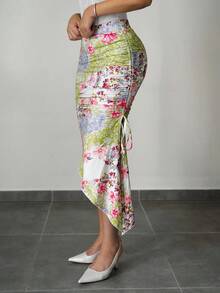 Sweetina Falda ajustada con abertura, dobladillo asimétrico y cordón para mujer - Verde - Ver 6