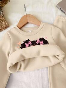 SHEIN Süßer Baby Mädchen gestrickter weicher Pullover Sweatshirt & Hose Set, dickes Lässig Outfit geeignet für Herbst/Winter, Herz, Schleife Dekor, Beige - Beige - Übersicht 4