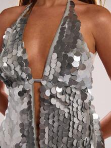 SHEIN BAE Sequin Halter Backless Top - Silver - View 6