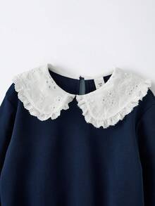Maija Kids Maija Kids Navy Blue Peter Pan Collar Sweatshirt For Girls Cute Eyelet Embroidery Drop Shoulder Pullover Kids Sweater In Polyester For Everyday Casual Wear Fall Winter